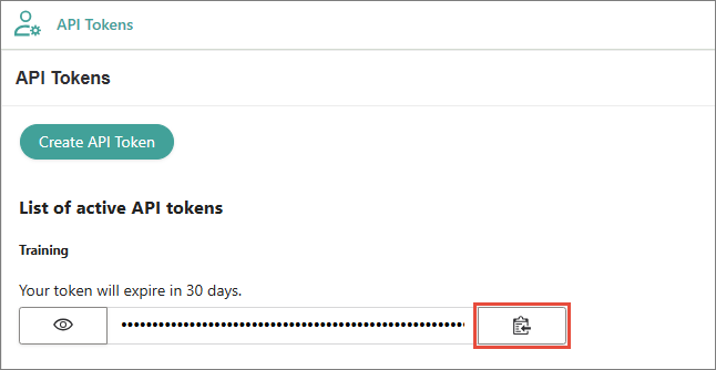 The API Tokens page in CluedIn with the copy button for the Training token highlighted