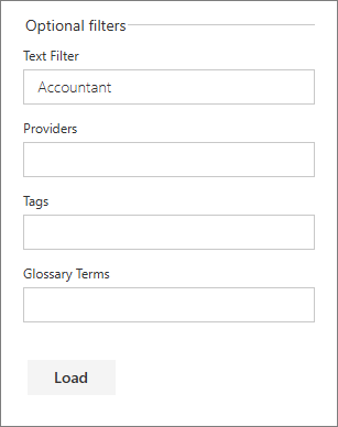 The Optional filters section with Text Filter set to Accountant, empty Providers, Tags and Glossary Terms fields, and a Load button