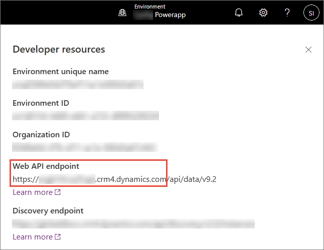 The Power Apps Developer resources pane, with the Web API endpoint URL highlighted
