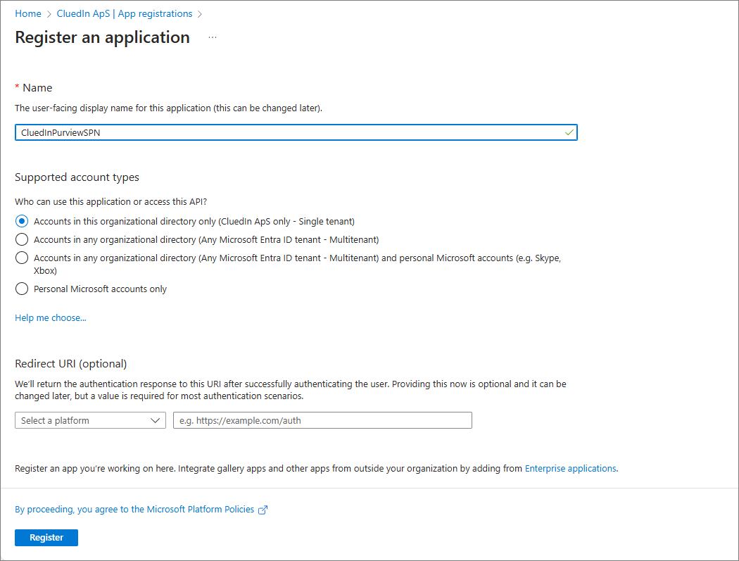 The Register an application form with the Name CluedInPurviewSPN and Single tenant selected under Supported account types